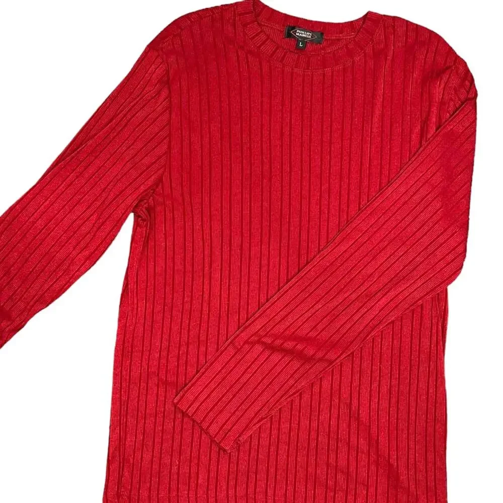 Vintage 90s Red Ribbed Knit Shirt Mens Medium Slim Fit Stretch